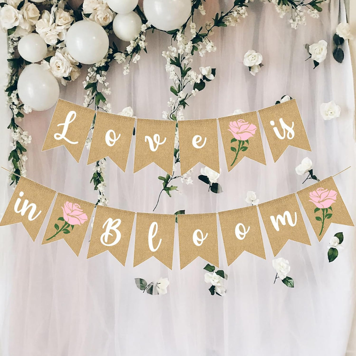 Love Is In Bloom Banner Floral Bridal Shower Decoration Flower Burlap Garlands Blooming Shower Supplies, pink