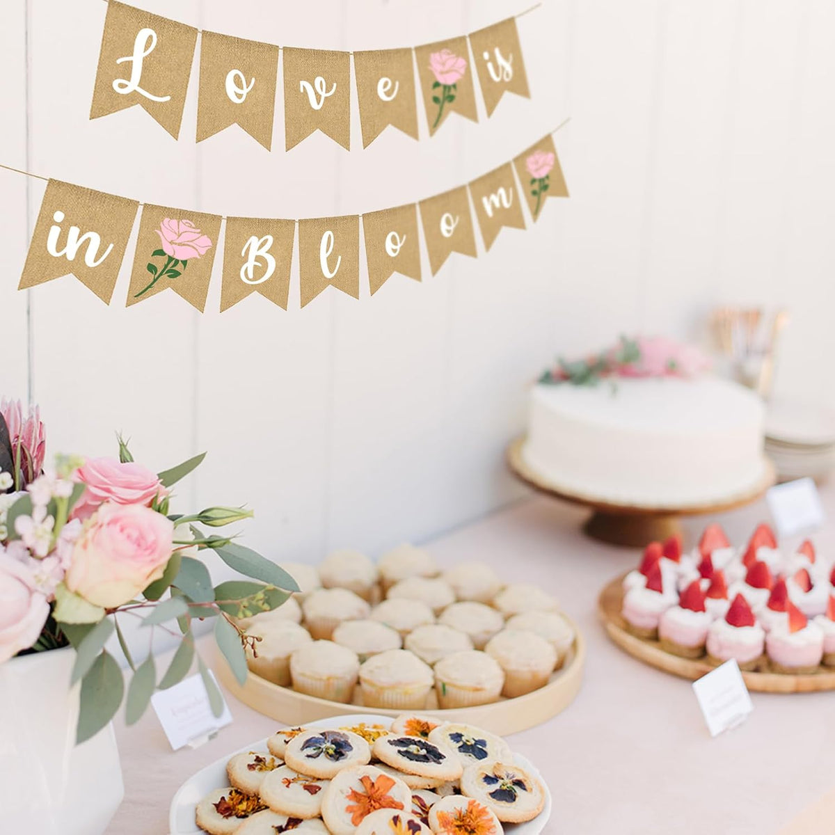 Love Is In Bloom Banner Floral Bridal Shower Decoration Flower Burlap Garlands Blooming Shower Supplies, pink