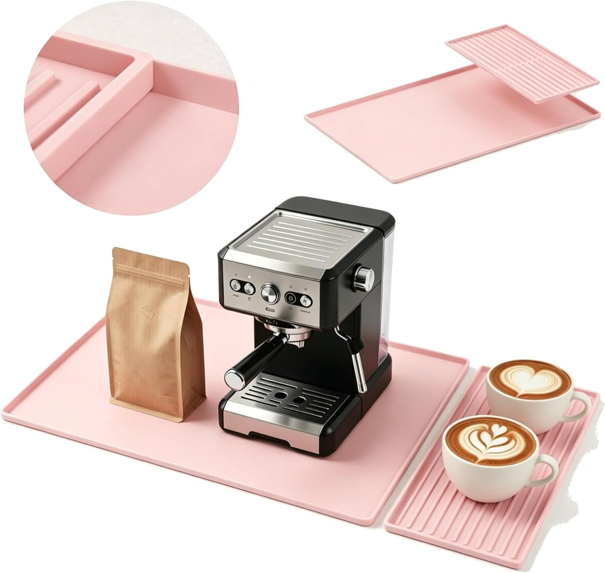 Silicone Coffee Mat 24 x 16 in with Tray, Soft Light Pink
