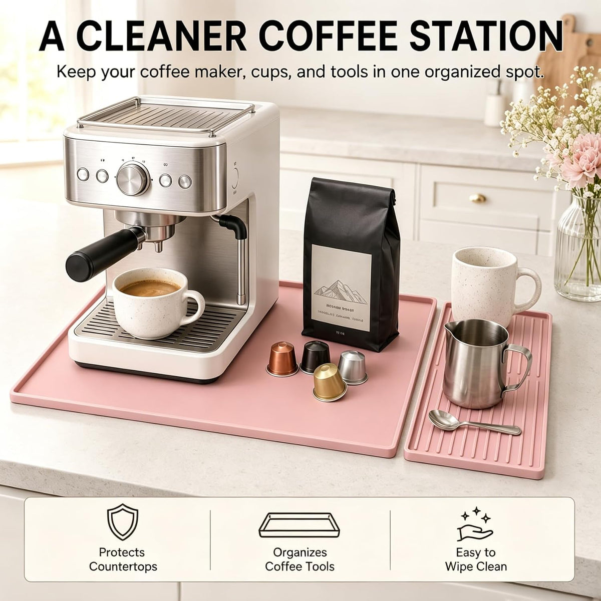 Silicone Coffee Mat 24 x 16 in with Tray, Soft Light Pink