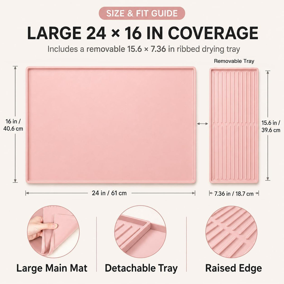Silicone Coffee Mat 24 x 16 in with Tray, Soft Light Pink