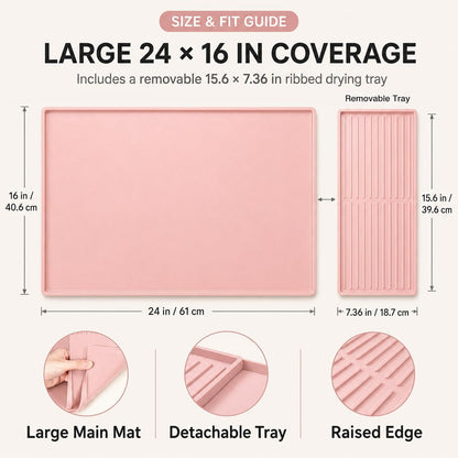 Silicone Coffee Mat 24 x 16 in with Tray, Soft Light Pink