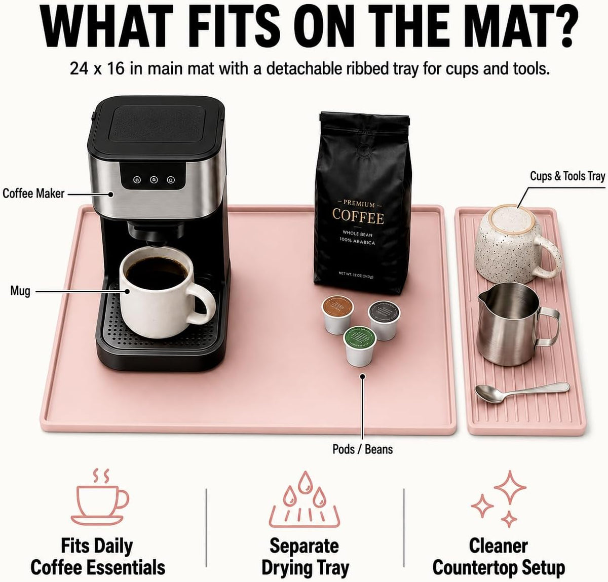 Silicone Coffee Mat 24 x 16 in with Tray, Soft Light Pink