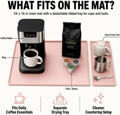 Silicone Coffee Mat 24 x 16 in with Tray, Soft Light Pink