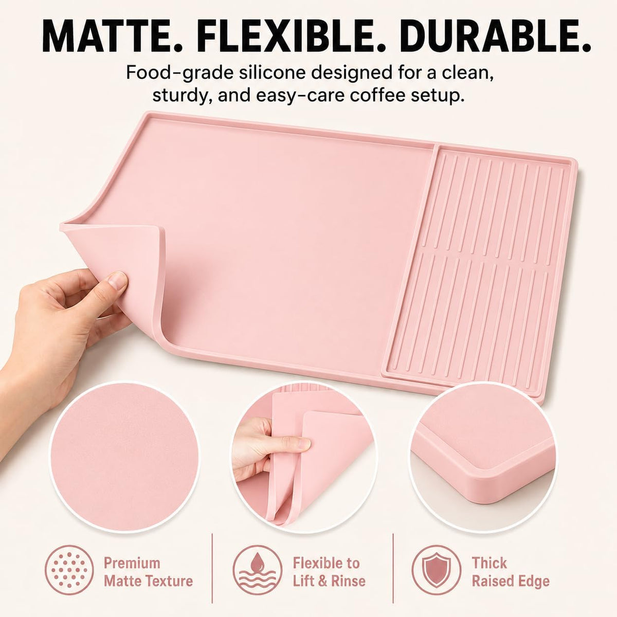 Silicone Coffee Mat 24 x 16 in with Tray, Soft Light Pink