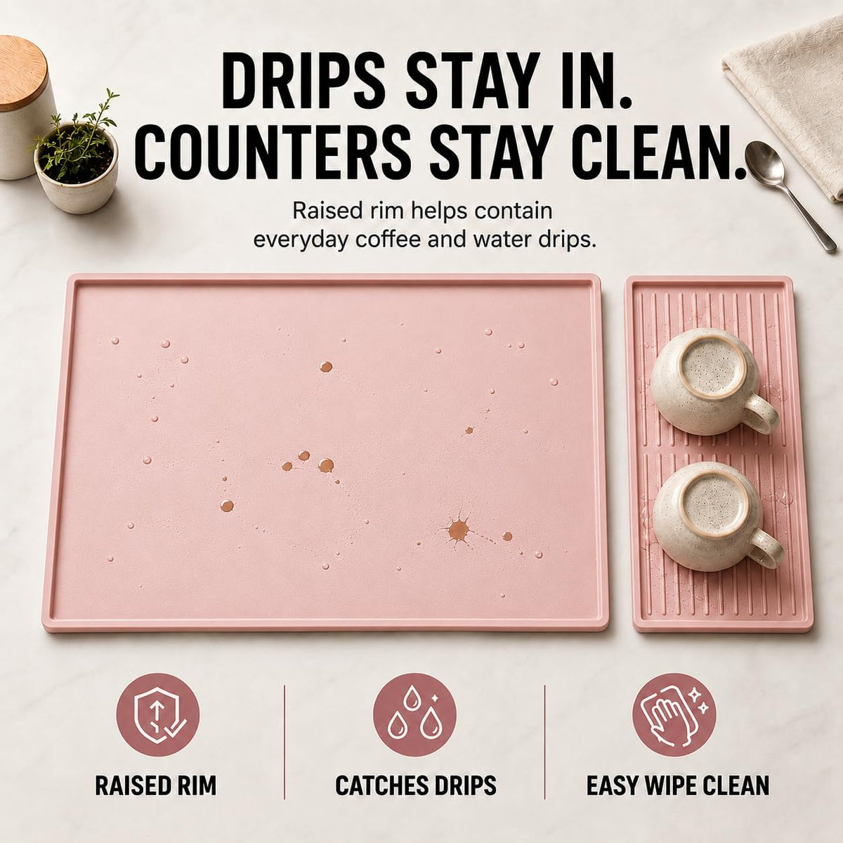 Silicone Coffee Mat 24 x 16 in with Tray, Soft Light Pink