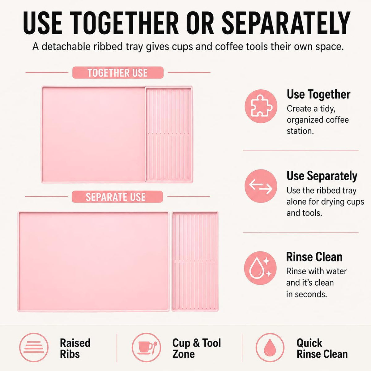 Silicone Coffee Mat 24 x 16 in with Tray, Soft Light Pink