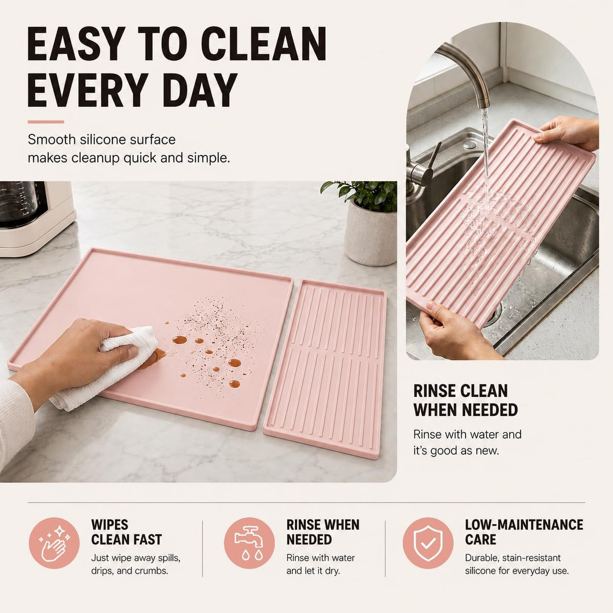 Silicone Coffee Mat 24 x 16 in with Tray, Soft Light Pink