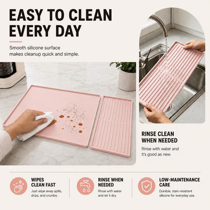 Silicone Coffee Mat 24 x 16 in with Tray, Soft Light Pink