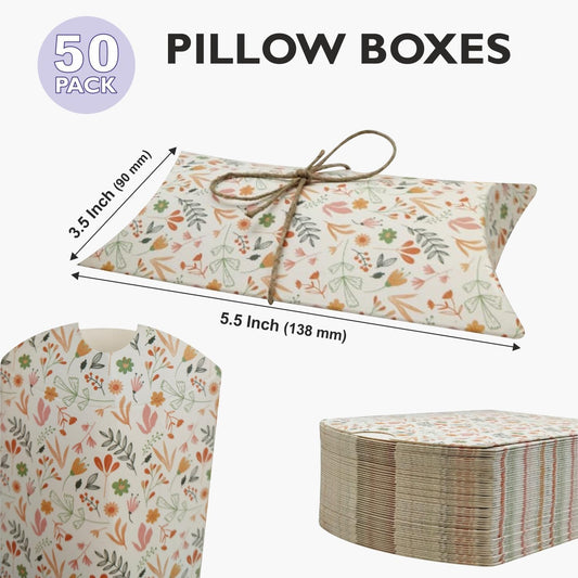 mudrit Pillow Paper Boxes 50pcs with Jute Twine, Decorative Folding Paper Gift Boxes for Gifting Chocolates, Dryfruits, Candies, Soap, Jewellery packaging, Size 5.5" x 3.5"