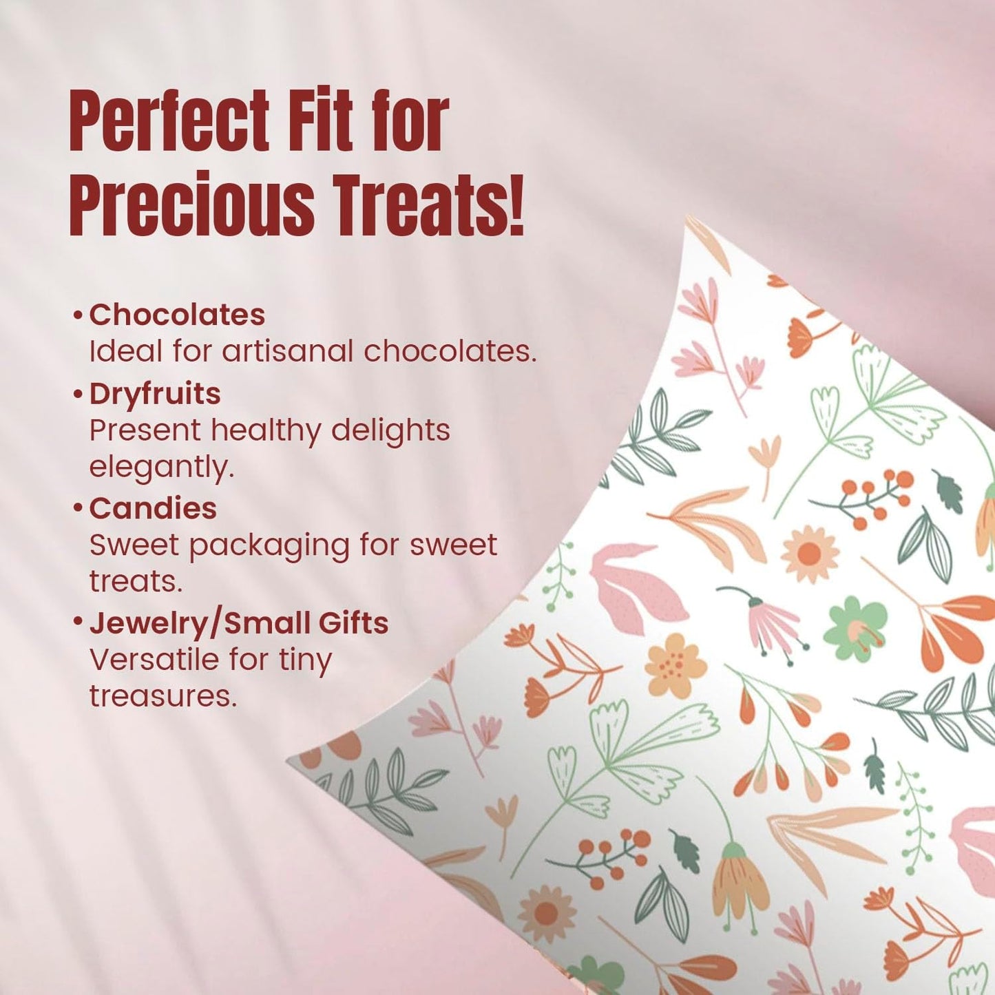 mudrit Pillow Paper Boxes 50pcs with Jute Twine, Decorative Folding Paper Gift Boxes for Gifting Chocolates, Dryfruits, Candies, Soap, Jewellery packaging, Size 5.5" x 3.5"