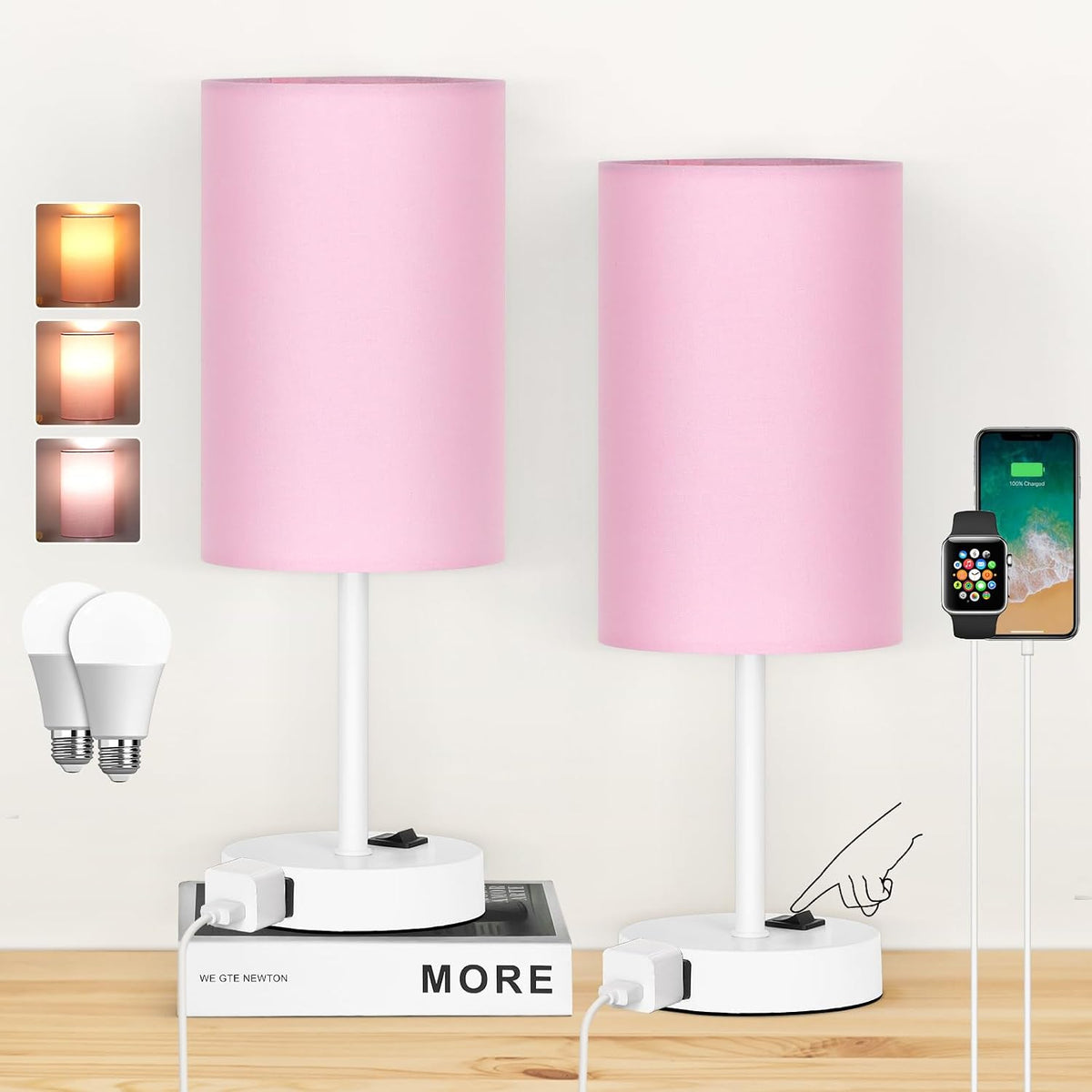 13.8'' Pink Small Table Lamp Set of 2 for Bedroom Bedside, AC Outlet