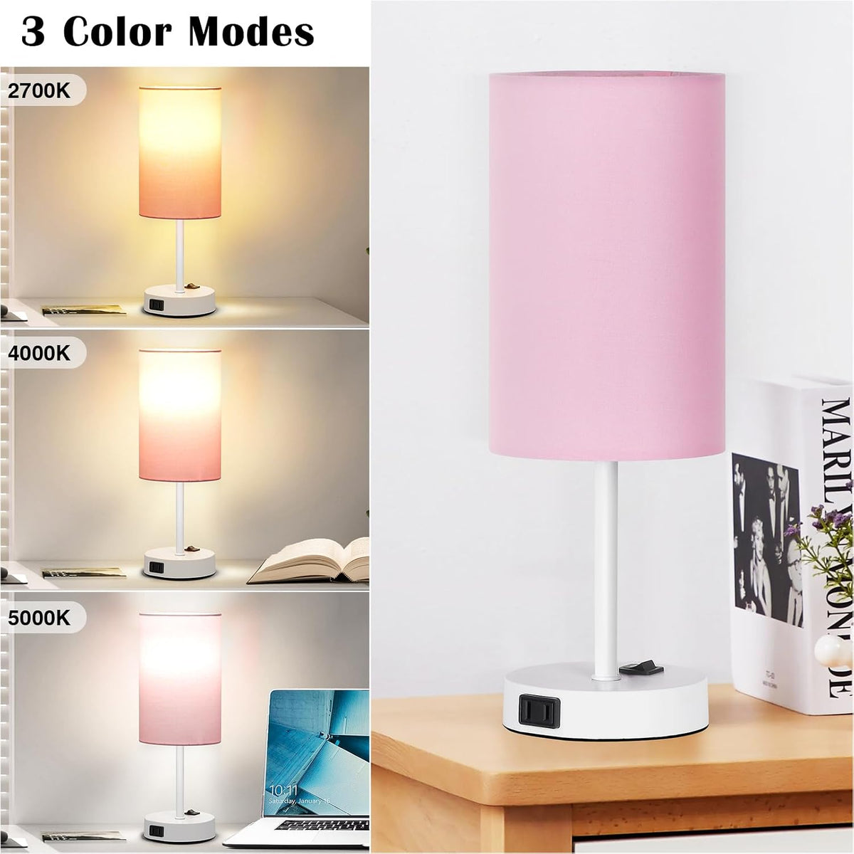 13.8'' Pink Small Table Lamp Set of 2 for Bedroom Bedside, AC Outlet