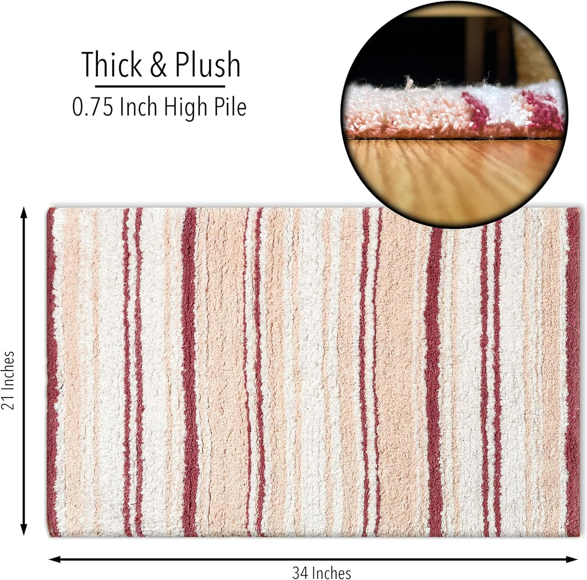 Maui Bath Mat, 21 x 34 Inches | Non Slip Bathroom Rug, Machine Washable, Plush, Highly Absorbent | White-Pink