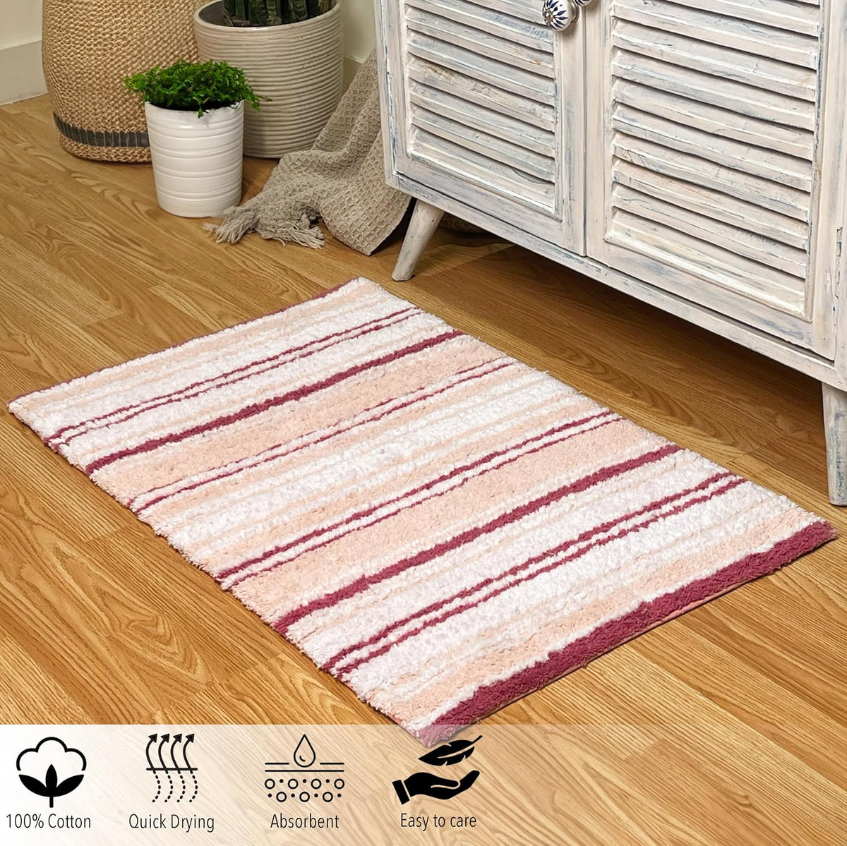 Maui Bath Mat, 21 x 34 Inches | Non Slip Bathroom Rug, Machine Washable, Plush, Highly Absorbent | White-Pink