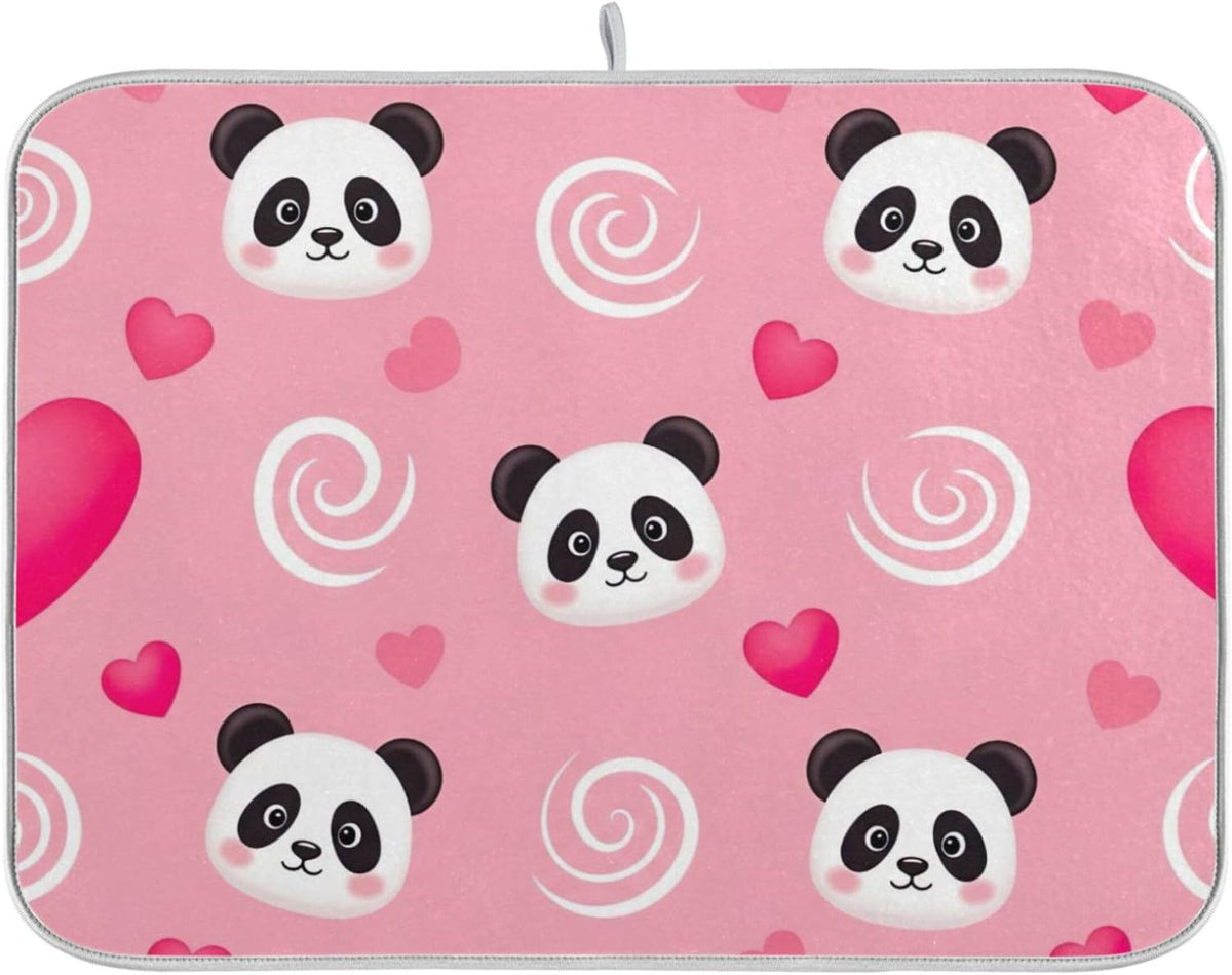 Absorbent Dish Drying Mats Flower Quick-dry Funny Print Countertop Heat Protector Mat for Kitchen Counter Decor Cute Panda Pink, 18" x 24"