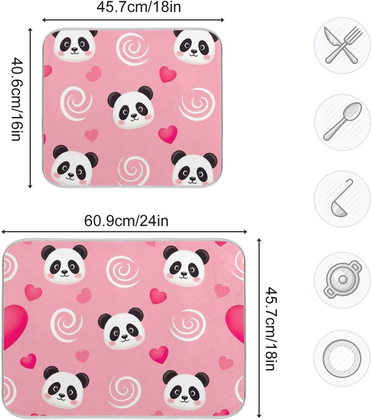 Absorbent Dish Drying Mats Flower Quick-dry Funny Print Countertop Heat Protector Mat for Kitchen Counter Decor Cute Panda Pink, 18" x 24"