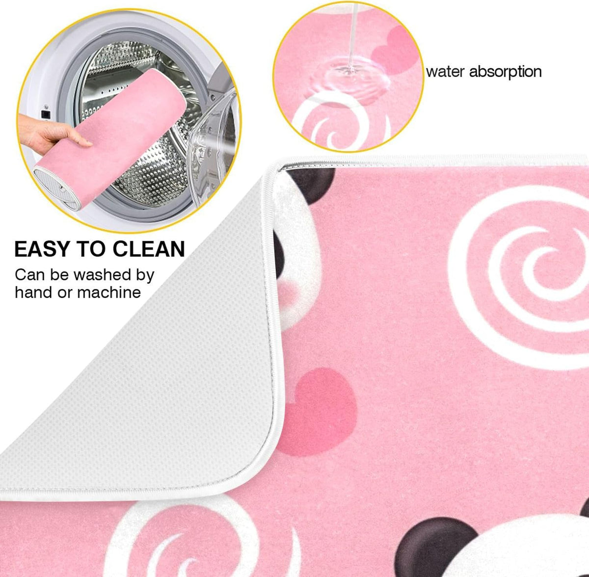 Absorbent Dish Drying Mats Flower Quick-dry Funny Print Countertop Heat Protector Mat for Kitchen Counter Decor Cute Panda Pink, 18" x 24"