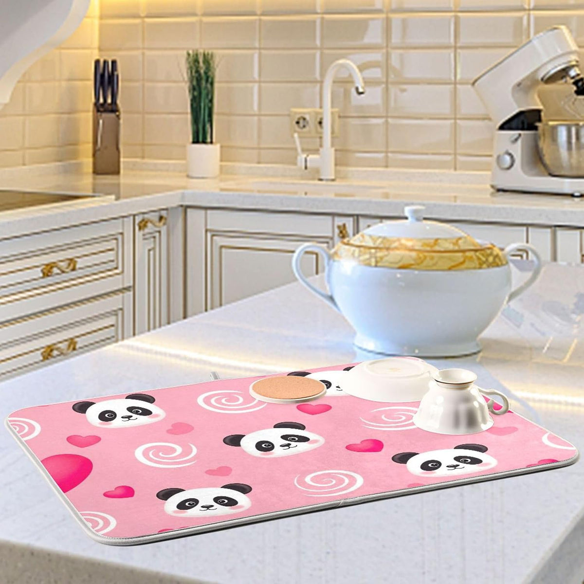 Absorbent Dish Drying Mats Flower Quick-dry Funny Print Countertop Heat Protector Mat for Kitchen Counter Decor Cute Panda Pink, 18" x 24"