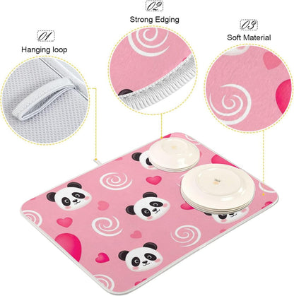 Absorbent Dish Drying Mats Flower Quick-dry Funny Print Countertop Heat Protector Mat for Kitchen Counter Decor Cute Panda Pink, 18" x 24"