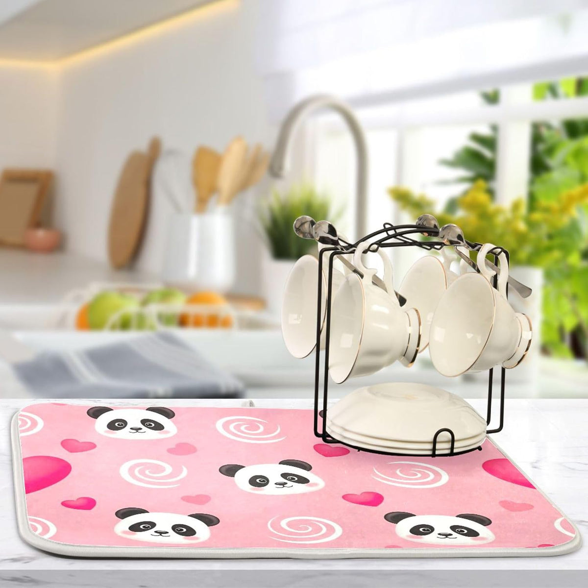 Absorbent Dish Drying Mats Flower Quick-dry Funny Print Countertop Heat Protector Mat for Kitchen Counter Decor Cute Panda Pink, 18" x 24"