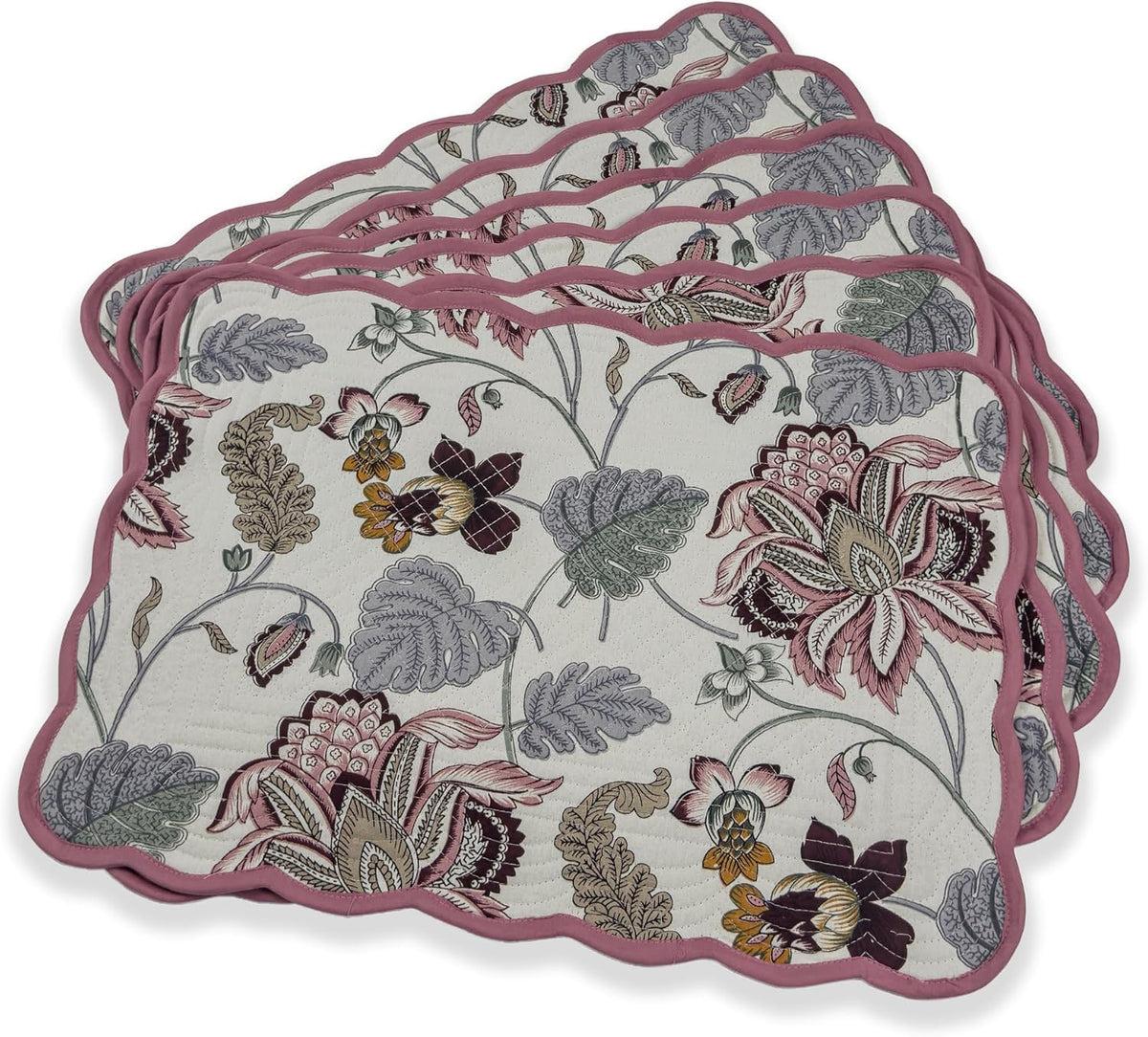 Blush Cream - Bloom Collection Luxury Handcrafted Placemats (Reversible) Cotton Quilted Fabric Machine Washable – Set of 6 – Elegant Home Decor – 14 x 19 inches