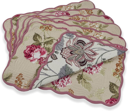 Blush Cream - Bloom Collection Luxury Handcrafted Placemats (Reversible) Cotton Quilted Fabric Machine Washable – Set of 6 – Elegant Home Decor – 14 x 19 inches
