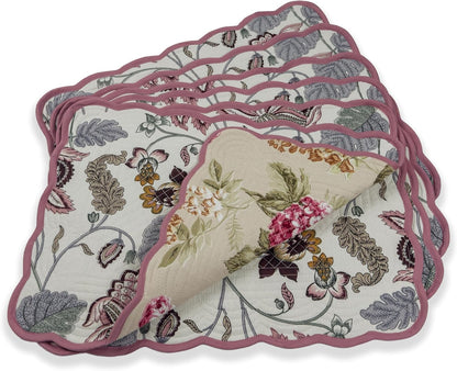 Blush Cream - Bloom Collection Luxury Handcrafted Placemats (Reversible) Cotton Quilted Fabric Machine Washable – Set of 6 – Elegant Home Decor – 14 x 19 inches