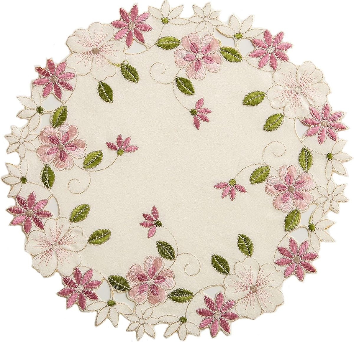 2pack Round lace Doilies,Yellow Blue Floral Cutwork Embroidered Placemats Vase Pads for Wedding Birthday Dinner Party Decor (Round11.8inch, Pink Flower)