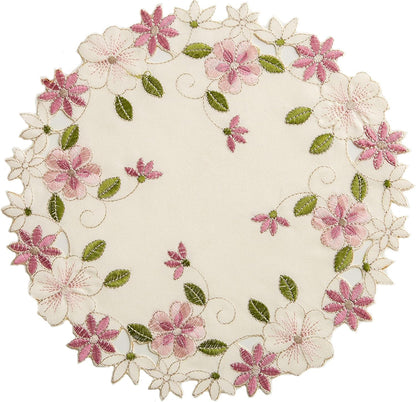 2pack Round lace Doilies,Yellow Blue Floral Cutwork Embroidered Placemats Vase Pads for Wedding Birthday Dinner Party Decor (Round11.8inch, Pink Flower)
