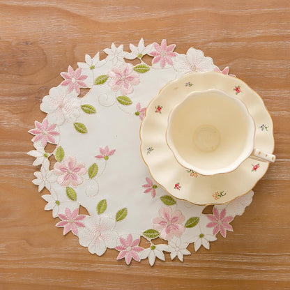 2pack Round lace Doilies,Yellow Blue Floral Cutwork Embroidered Placemats Vase Pads for Wedding Birthday Dinner Party Decor (Round11.8inch, Pink Flower)