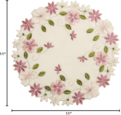 2pack Round lace Doilies,Yellow Blue Floral Cutwork Embroidered Placemats Vase Pads for Wedding Birthday Dinner Party Decor (Round11.8inch, Pink Flower)