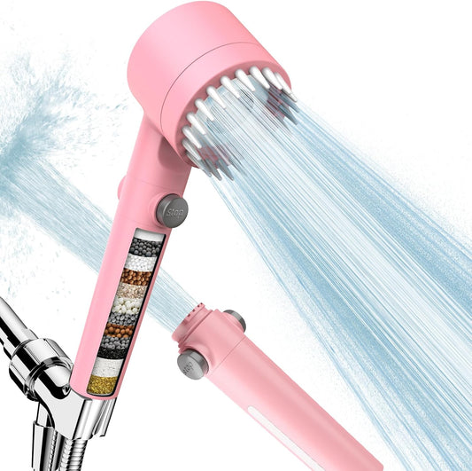 Filtered Shower Head with Handheld, High Pressure Water Flow and Multiple Spray Modes Shower Head with Filter, Power Wash for Hard Water, Showerhead with ON/OFF Switch for Pets Bath (Pink)