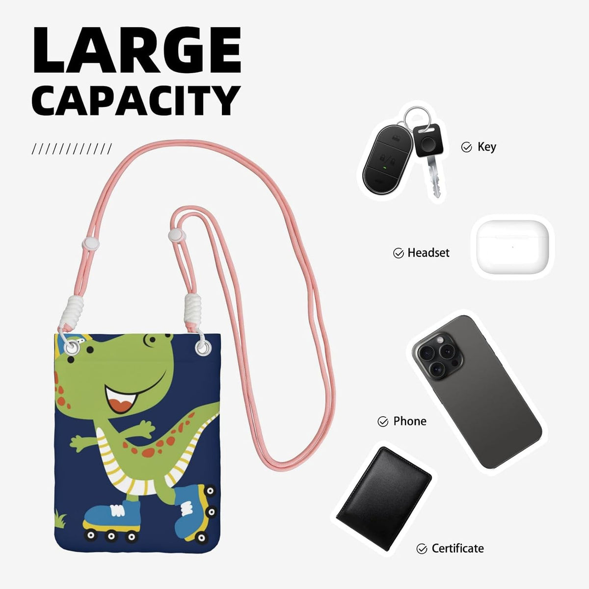 Dino Playing Roller Skate for Crossbody Phone Bag, Small & Lightweight Crossbody Purse for Women with Adjustable Strap, Water-Resistant Daily Commuter Bag for Phone, Wallet, Keys