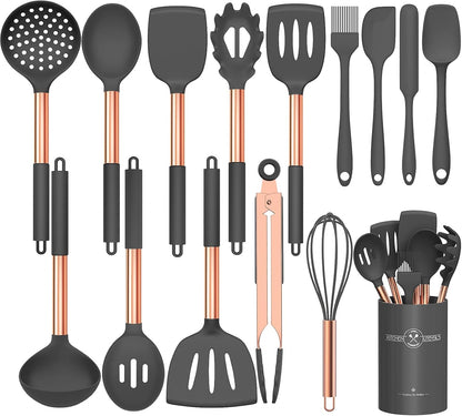 Silicone Cooking Utensil Set, Kitchen Utensils 15pcs Cooking Utensils Set Non-stick Silicone Rose Gold Handle Cooking Tools Whisk Kitchen Tools Set -Grey