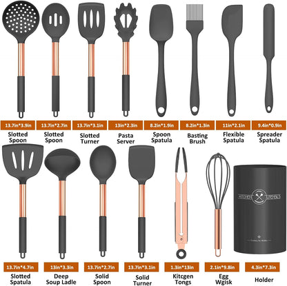 Silicone Cooking Utensil Set, Kitchen Utensils 15pcs Cooking Utensils Set Non-stick Silicone Rose Gold Handle Cooking Tools Whisk Kitchen Tools Set -Grey