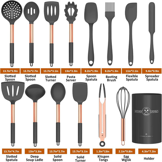 Silicone Cooking Utensil Set, Kitchen Utensils 15pcs Cooking Utensils Set Non-stick Silicone Rose Gold Handle Cooking Tools Whisk Kitchen Tools Set -Grey