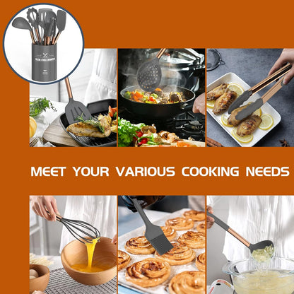 Silicone Cooking Utensil Set, Kitchen Utensils 15pcs Cooking Utensils Set Non-stick Silicone Rose Gold Handle Cooking Tools Whisk Kitchen Tools Set -Grey