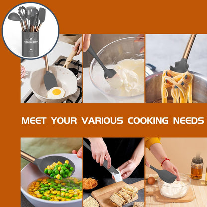 Silicone Cooking Utensil Set, Kitchen Utensils 15pcs Cooking Utensils Set Non-stick Silicone Rose Gold Handle Cooking Tools Whisk Kitchen Tools Set -Grey