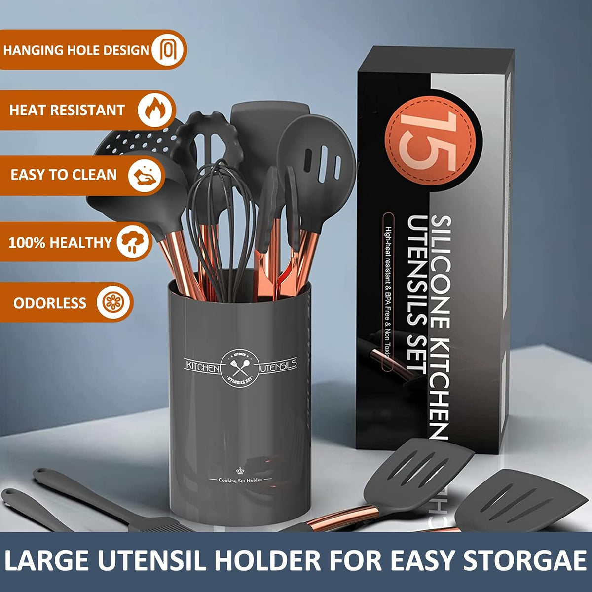 Silicone Cooking Utensil Set, Kitchen Utensils 15pcs Cooking Utensils Set Non-stick Silicone Rose Gold Handle Cooking Tools Whisk Kitchen Tools Set -Grey