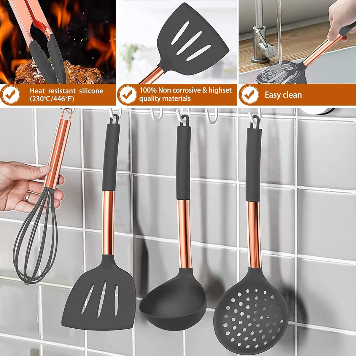 Silicone Cooking Utensil Set, Kitchen Utensils 15pcs Cooking Utensils Set Non-stick Silicone Rose Gold Handle Cooking Tools Whisk Kitchen Tools Set -Grey