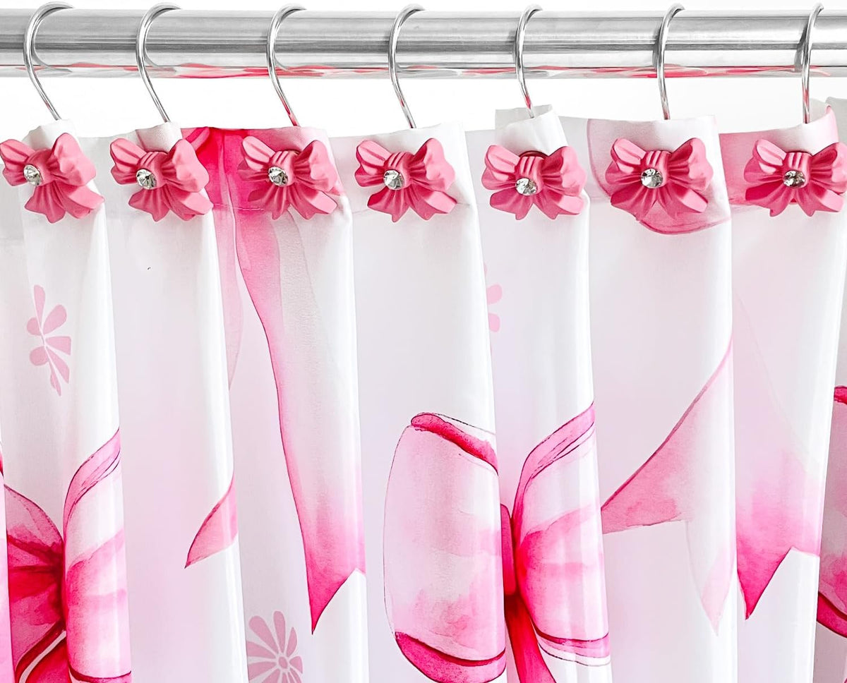 Cute Bow Knot Shower Curtain Hooks Rings, Modern Home Decorativ Rust Resistant Hangers, 12PCS Shower Hooks for Bathroom Shower Rod, Bedroom, Living Room (Pink Bow)