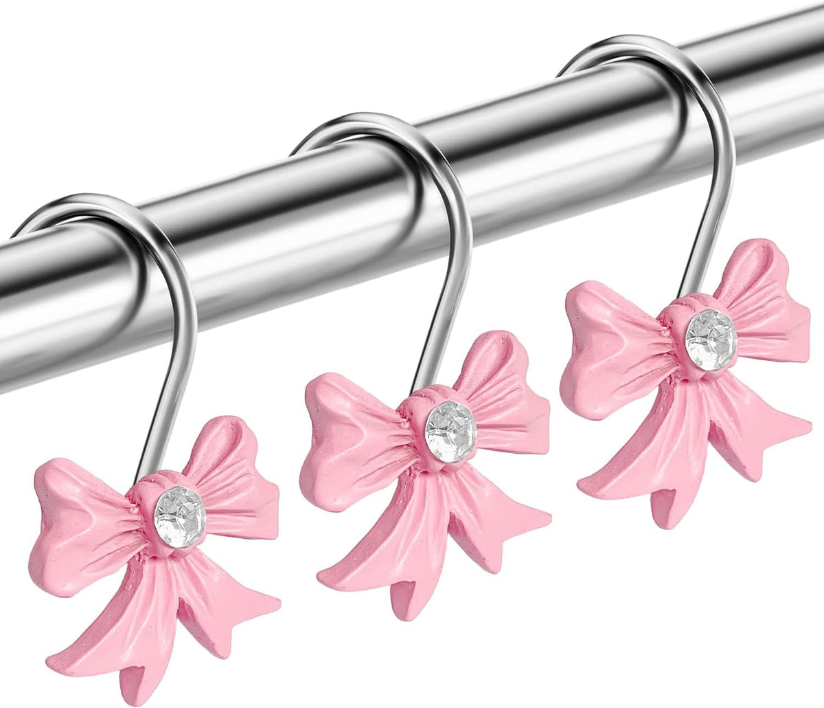 Cute Bow Knot Shower Curtain Hooks Rings, Modern Home Decorativ Rust Resistant Hangers, 12PCS Shower Hooks for Bathroom Shower Rod, Bedroom, Living Room (Pink Bow)