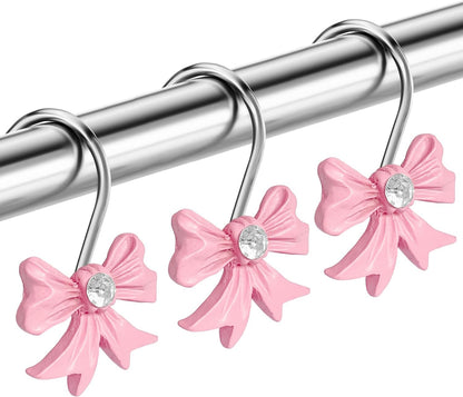 Cute Bow Knot Shower Curtain Hooks Rings, Modern Home Decorativ Rust Resistant Hangers, 12PCS Shower Hooks for Bathroom Shower Rod, Bedroom, Living Room (Pink Bow)