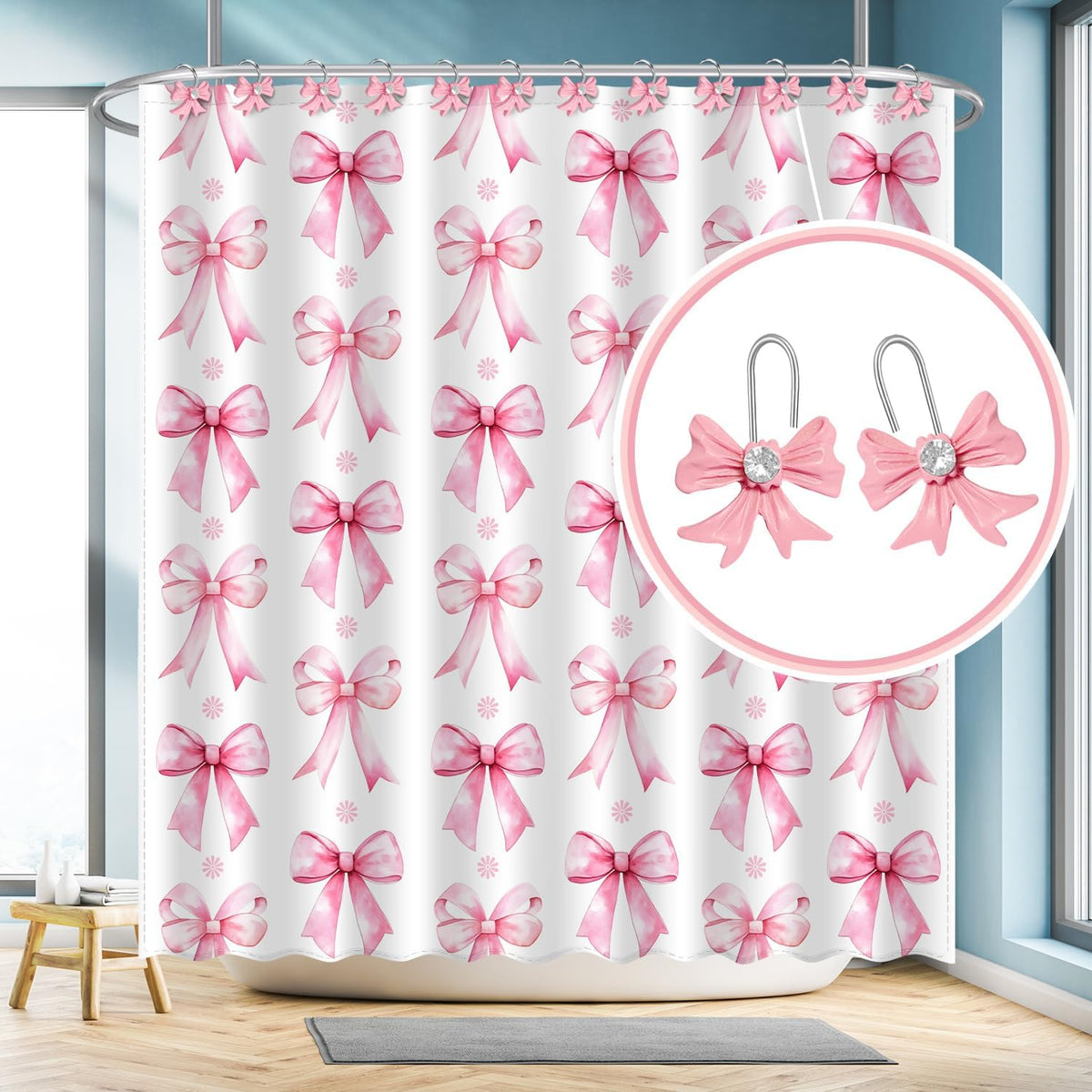 Cute Bow Knot Shower Curtain Hooks Rings, Modern Home Decorativ Rust Resistant Hangers, 12PCS Shower Hooks for Bathroom Shower Rod, Bedroom, Living Room (Pink Bow)
