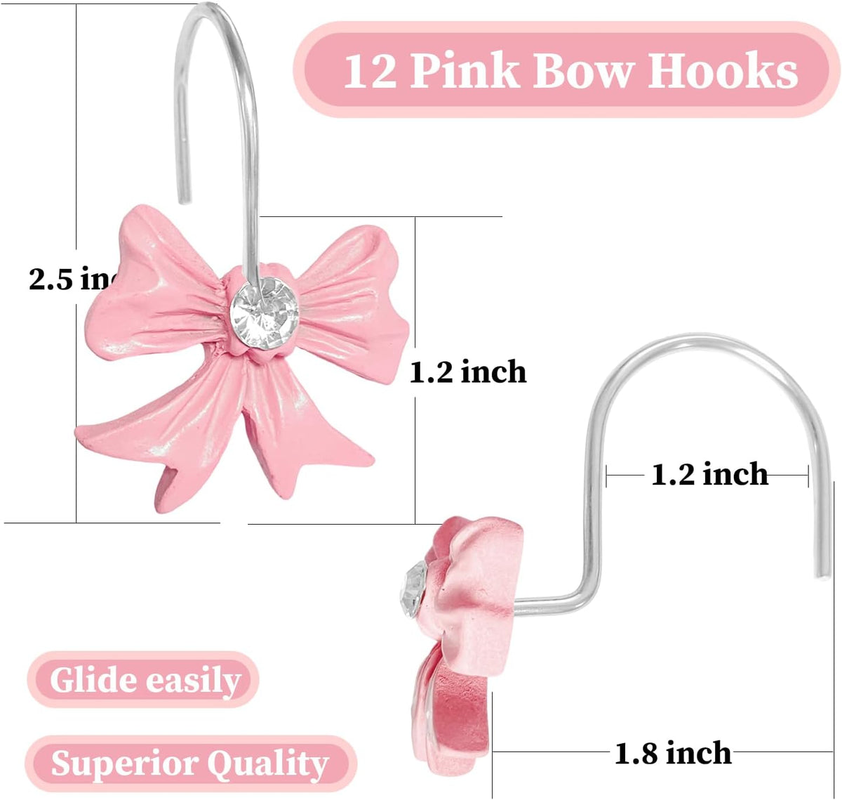 Cute Bow Knot Shower Curtain Hooks Rings, Modern Home Decorativ Rust Resistant Hangers, 12PCS Shower Hooks for Bathroom Shower Rod, Bedroom, Living Room (Pink Bow)