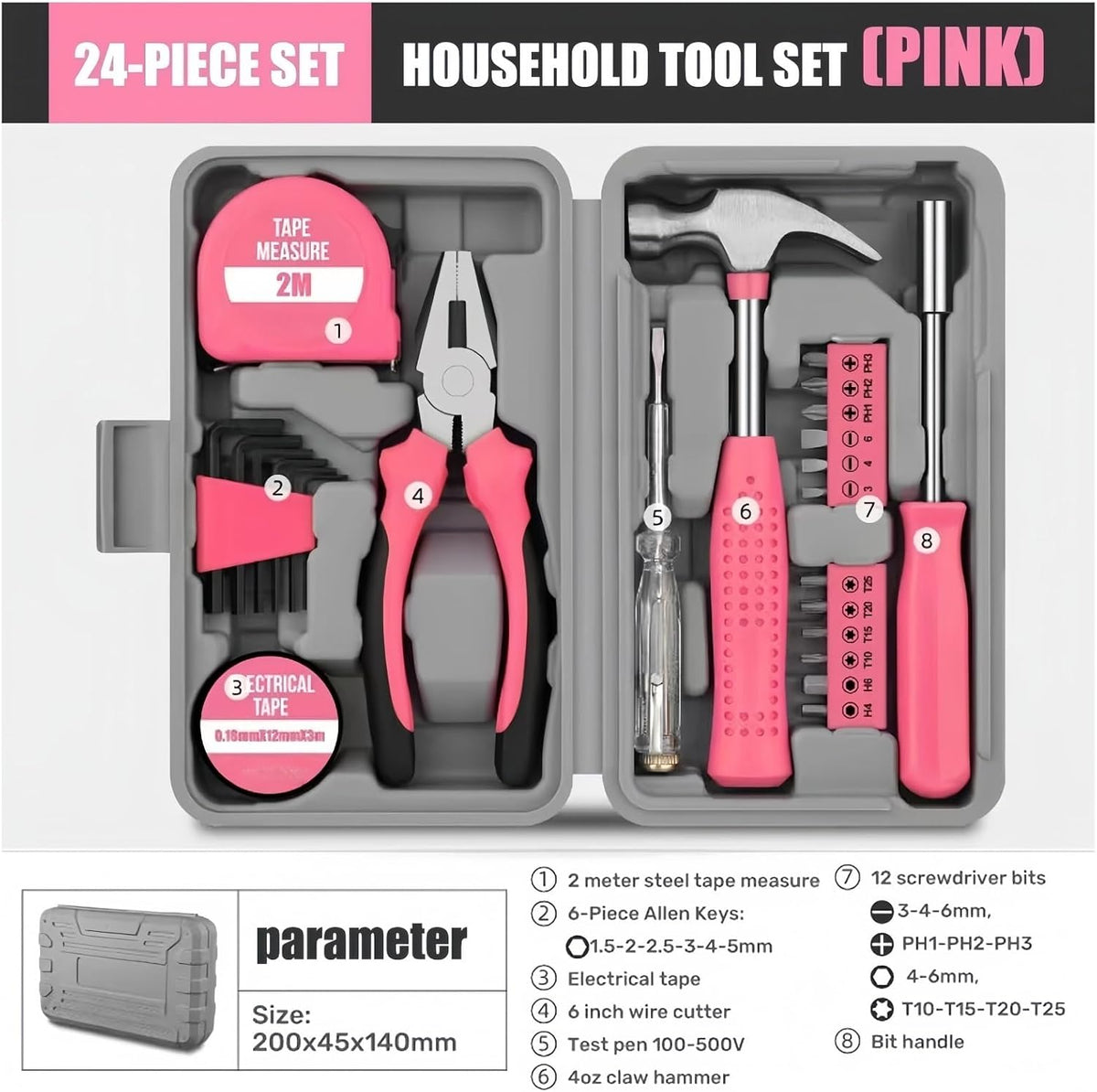 13/24/54PCS Pink Home Toolbox Set - Alloy & Plastic, Allen Wrench, Screwdriver, Pliers, Routine Home Repair Kit, Combination Set