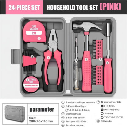 13/24/54PCS Pink Home Toolbox Set - Alloy & Plastic, Allen Wrench, Screwdriver, Pliers, Routine Home Repair Kit, Combination Set
