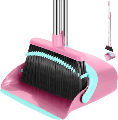 Broom and Dustpan Set with 52-in Long Adjustable Handle, Pink Blue