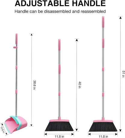 Broom and Dustpan Set with 52-in Long Adjustable Handle, Pink Blue